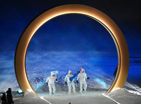 (260207) -- LIVIGNO, Feb. 7, 2026 -- Members of the delegation of Iceland attend the parade of athletes during the opening ceremony of the Milan-Cortina 2026 Olympic Winter games, Winterspiele,Spiele, Summer games in Livigno, Italy, Feb. 6, 2026. ) (MICO2026)ITALY-MILAN-CORTINA 2026-OLYMPIC WINTER GAMES-OPENING CEREMONY XiaxYifang 