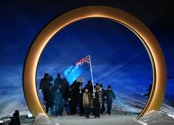(260207) -- LIVIGNO, Feb. 7, 2026 -- Members of the delegation of New Zealand attend the parade of athletes during the opening ceremony of the Milan-Cortina 2026 Olympic Winter games, Winterspiele,Spiele, Summer games in Livigno, Italy, Feb. 6, 2026. ) (MICO2026)ITALY-MILAN-CORTINA 2026-OLYMPIC WINTER GAMES-OPENING CEREMONY XiaxYifang 