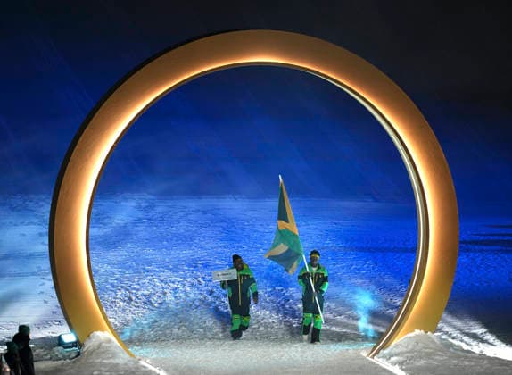 (260207) -- LIVIGNO, Feb. 7, 2026 -- Members of the delegation of Jamaica attend the parade of athletes during the opening ceremony of the Milan-Cortina 2026 Olympic Winter games, Winterspiele,Spiele, Summer games in Livigno, Italy, Feb. 6, 2026. ) (MICO2026)ITALY-MILAN-CORTINA 2026-OLYMPIC WINTER GAMES-OPENING CEREMONY XiaxYifang 