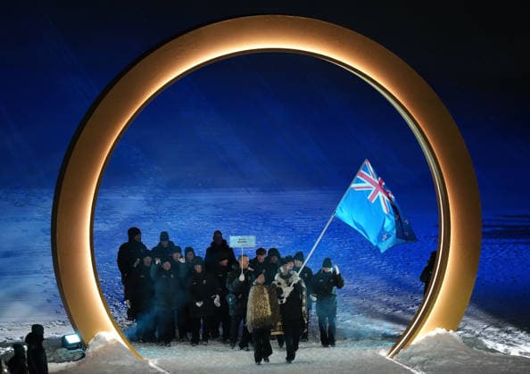 (260207) -- LIVIGNO, Feb. 7, 2026 -- Members of the delegation of New Zealand attend the parade of athletes during the opening ceremony of the Milan-Cortina 2026 Olympic Winter games, Winterspiele,Spiele, Summer games in Livigno, Italy, Feb. 6, 2026. ) (MICO2026)ITALY-MILAN-CORTINA 2026-OLYMPIC WINTER GAMES-OPENING CEREMONY XiaxYifang 