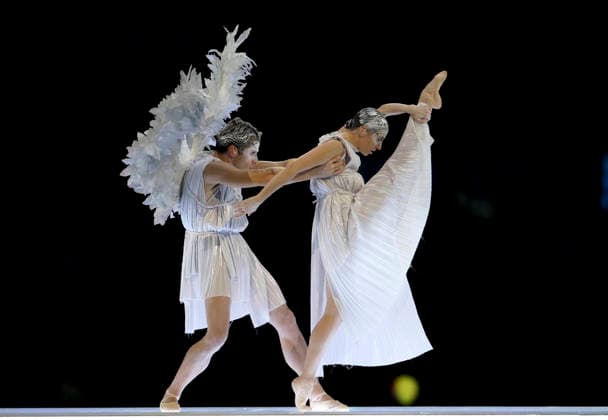 260206 -- MILAN, Feb. 6, 2026 -- A duet on the myth of Cupid and Psyche is staged during the opening ceremony of the Milan-Cortina 2026 Olympic Winter games, Winterspiele,Spiele, Summer games at the San Siro Olympic Stadium in Milan, Italy, Feb. 6, 2026. MICO2026ITALY-MILAN-CORTINA 2026-OLYMPIC WINTER GAMES-OPENING CEREMONY LixMing  (MICO2026)ITALY-MILAN-CORTINA 2026-OLYMPIC WINTER GAMES-OPENING CEREMONY IMAGO LixMing  imago images 0847008821