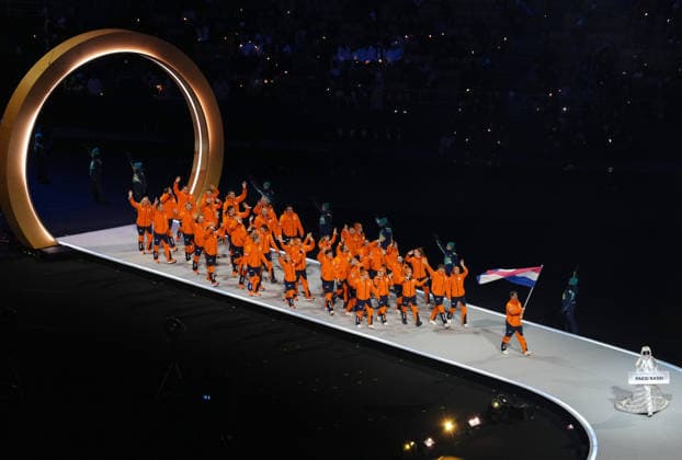 (260207) -- MILAN, Feb. 7, 2026 -- The delegation of the Netherlands parades into the San Siro Olympic Stadium during the opening ceremony of the Milan-Cortina 2026 Olympic Winter games, Winterspiele,Spiele, Summer games in Milan, Italy, Feb. 6, 2026. ) (MICO2026)ITALY-MILAN-CORTINA 2026-OLYMPIC WINTER GAMES-OPENING CEREMONY XuexYuge 