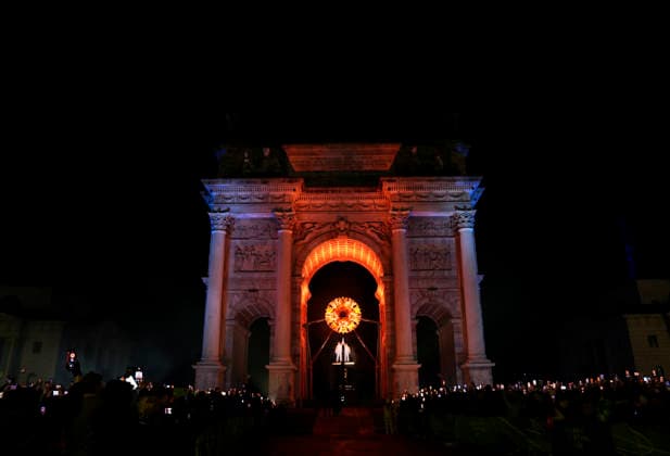 (260207) -- MILAN, Feb. 7, 2026 -- The cauldron of the Milan-Cortina 2026 Olympic Winter games, Winterspiele,Spiele, Summer games is lit at the Arco della Pace in Milan, Italy, Feb. 6, 2026. ) (MICO2026)ITALY-MILAN-CORTINA 2026-OLYMPIC WINTER GAMES-OPENING CEREMONY SunxFei 