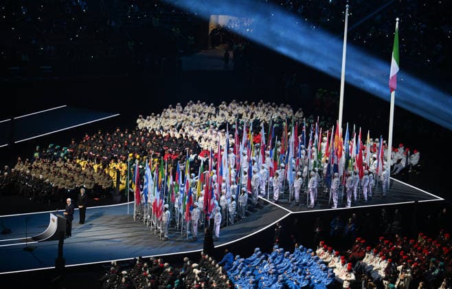(260207) -- MILAN, Feb. 7, 2026 -- Giovanni Malago (bottom L), president of the Milan-Cortina 2026 Organizing Committee, addresses the opening ceremony of the Milan-Cortina 2026 Olympic Winter games, Winterspiele,Spiele, Summer games at the San Siro Olympic Stadium in Milan, Italy, Feb. 6, 2026. ) (MICO2026)ITALY-MILAN-CORTINA 2026-OLYMPIC WINTER GAMES-OPENING CEREMONY ChengxMin 