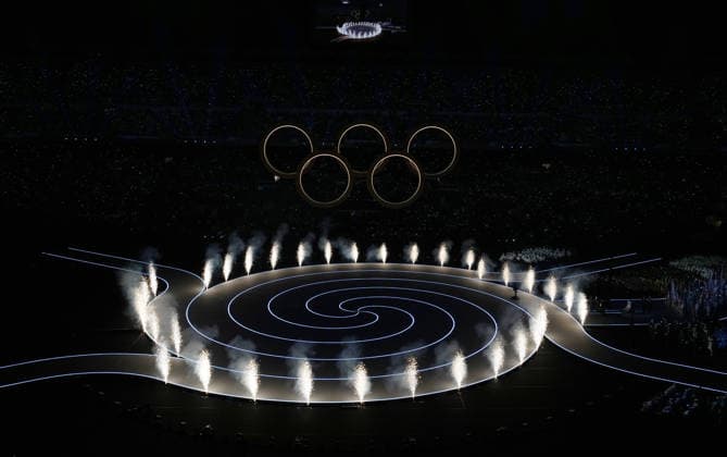 (260207) -- MILAN, Feb. 7, 2026 -- This photo taken on Feb. 6, 2026 shows the Olympic rings at the opening ceremony of the Milan-Cortina 2026 Olympic Winter games, Winterspiele,Spiele, Summer games at the San Siro Olympic Stadium in Milan, Italy. ) (MICO2026)ITALY-MILAN-CORTINA 2026-OLYMPIC WINTER GAMES-OPENING CEREMONY ChengxMin 