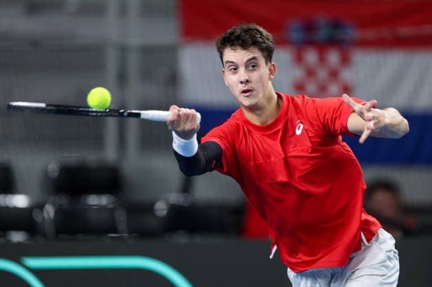 (260207) -- VARAZDIN, Feb. 7, 2026 -- Matej Dodig of Team Croatia hits a return in the fist match against Elmer Moeller of Team Denmark during the Davis Cup Qualifier first round match between Croatia and Denmark in Varazdin, Croatia, on Feb. 6, 2026. (Photo by PIXSELL via Xinhua) (SP)CROATIA-VARAZDIN-TENNIS-DAVIS CUP-CRO VS DEN IgorxKralj 