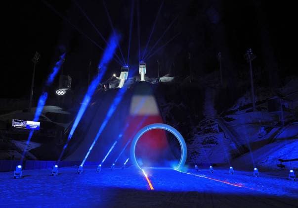 Milan Cortina Olympics: Opening ceremony The Italian flag is projected on a Ski jumping, Skispringen, Ski, nordisch slope during the opening ceremony of the Milan Cortina Olympics in Predazzo, Italy, on Feb. 6, 2026.  A14AA0005252031P
