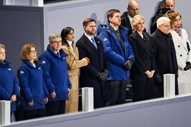 Winter Olympic Games, Olympische Spiele, Olympia, OS Milano Cortina 2026 Opening night - Final Show San Siro Stadium - Milan, Italy Kristin Kloster Aasen;Claudia Bach;Thomas Bach;Usha Vance;James David Vance;Tyrone Seward;Kirsty Coventry;Sergio Mattarella;Laura Mattarella Winter Olympic Games Milano Cortina 2026 Opening night - Final Show San Siro Stadium - Milan, Italy 6th February 2026 SGPItalia id 134457_005 Not Exclusive  Copyright: xALFONSOxCATALANO SGPITALIAx