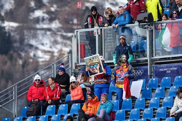 Supporters showing a Dominik Paris banner prior the Olympic Winter games, Winterspiele,Spiele, Summer games Milano-Cortina 2026, Alpine Skiing Men s Downhill on February 07, 2026 at Stelvio Ski Centre in Bormio, Italy  Copyright: xSergioxBisi IPAxSportx xipa-agency.netx xx IPA_71061264 IPA_Agency_IPA71061264