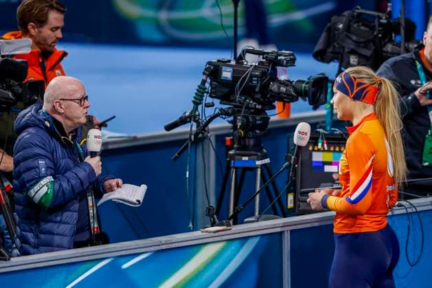 Jutta Leerdam of the Netherlands speaking with journalist Around the Games, Milano Cortina 2026 Winter Olympics: Day 1, Speed skating, Eisschnelllauf - Milano Cortina 2026 Winter Olympics: Day 1, Milano Speed Skating Stadium, February 7, 2026, Milan, Italy.