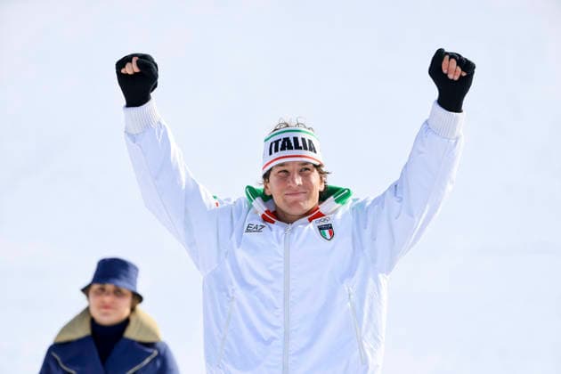 OLYMPICS - Winter Olympic Games, Olympische Spiele, Olympia, OS Milano Cortina 2026 BORMIO,ITALY,07.FEB.26 - OLYMPICS, ALPINE SKIING - Winter Olympic Games Milano Cortina 2026, downhill, men, medal ceremony. Image shows the rejoicing of Giovanni Franzoni (ITA).  GEPAxpictures xWolfgangxGrebien