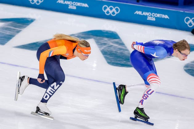 2026-02-07 Speed skating, Eisschnelllauf - Milano Cortina 2026 Winter Olympics - Day 1 MILAN, ITALY - FEBRUARY 7: Jutta Leerdam of the Netherlands, Jordan Stolz of United States of America in a training session during Day 1 of Speed Skating - Milano Cortina 2026 Winter Olympics at Milano Speed Skating Stadium on February 7, 2026 in Milan, Italy. (Photo by Joris Verwijst BSR Agency) Milan Italy Content not available for redistribution in The Netherlands directly or indirectly through any third parties. Copyright: xBSRxAgencyx