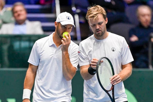 from left in the picture Tim Pütz GER Kevin Krawietz GER 07 02 2026 Tennis Davis Cup Qualifiers 2026 Germany vs Peru , Castello, Duesseldorf, Copyright: xpepphotox xHorstxMauelshagenx pep00321, pep_20260207_hm