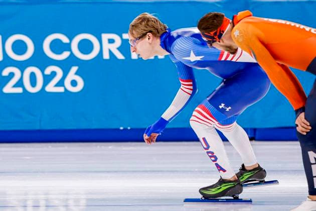 Kjeld Nuis of the Netherlands and Jordan Stolz of United States of America during a training Around the Games, Milano Cortina 2026 Winter Olympics: Day 1, Speed skating, Eisschnelllauf - Milano Cortina 2026 Winter Olympics: Day 1, Milano Speed Skating Stadium, February 7, 2026, Milan, Italy.