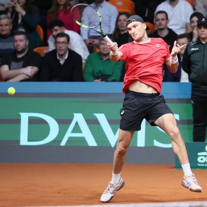 Belgian Raphael Collignon pictured in action during a tennis match against Bulgarian Vasilev, during the qualifier of the Davis Cup on Saturday 07 February 2026, in Plovdiv, Bulgaria. Belgium will compete this weekend in the Davis Cup qualifiers against Bulgaria. BENOITxDOPPAGNE  x161733578x
