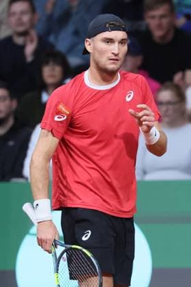 Belgian Raphael Collignon pictured in action during a tennis match against Bulgarian Vasilev, during the qualifier of the Davis Cup on Saturday 07 February 2026, in Plovdiv, Bulgaria. Belgium will compete this weekend in the Davis Cup qualifiers against Bulgaria. BENOITxDOPPAGNE  x161733600x
