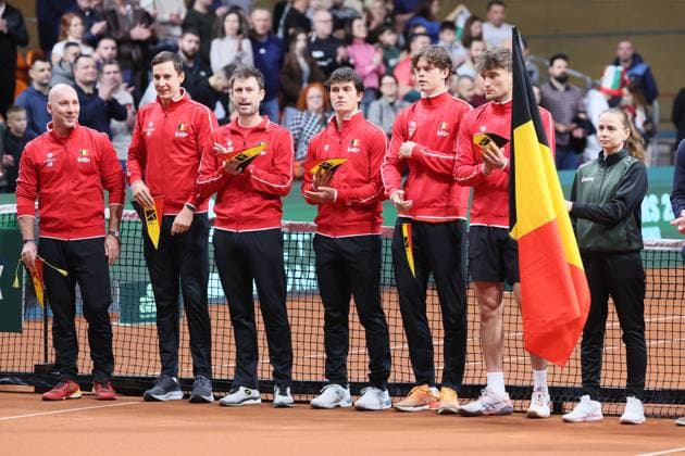 Team Belgium pictured before the start of a tennis match between Bulgarian Vasilev and Belgian Collignon, during the qualifier of the Davis Cup on Saturday 07 February 2026, in Plovdiv, Bulgaria. Belgium will compete this weekend in the Davis Cup qualifiers against Bulgaria. BENOITxDOPPAGNE  x161733782x