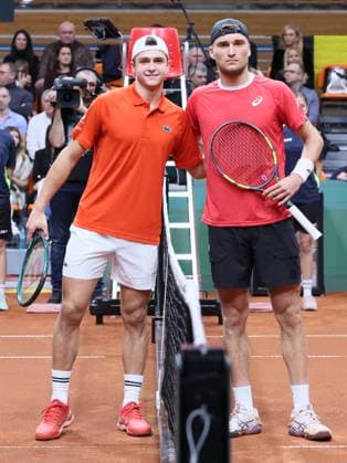 Alexander Vasilev and Raphael Collignon pose before their tennis match, during the qualifier of the Davis Cup on Saturday 07 February 2026, in Plovdiv, Bulgaria. Belgium will compete this weekend in the Davis Cup qualifiers against Bulgaria. BENOITxDOPPAGNE  x161734004x