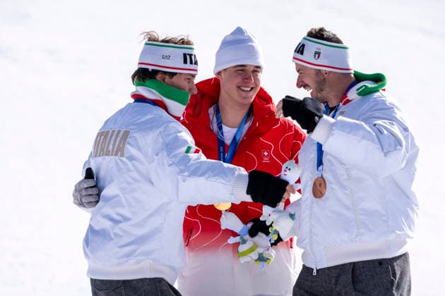 Winter Olympics Milan Corina 2026 Olympics 2026 Bormio, Italy 20260207. Franjo von Allmen from Switzerland on the podium after winning Olympic gold in the men s alpine downhill at the Winter Olympics in Milan Cortina 2026. Giovanni Franzoni (left) and Dominik Paris both from Italy secured silver and bronze in the men s alpine downhill at the Winter Olympics in Milan Cortina 2026. Photo: Cornelius Poppe NTB Bormio Italy EDITORIAL USE ONLY. RESTRICTED USE FOR BETTING COMPANIES Ref:_SPOIlmNwB4DVCg.jpg *** Winter Olympics Milan Corina 2026 Olympics 2026 Bormio, Italy 20260207 Franjo von Allmen from Switzerland on the podium after winning Olympic gold in the men s alpine downhill at the Winter Olympics in Milan Cortina 2026 Giovanni Franzoni left and Dominik Paris both from Italy secured silver and bronze in the men s alpine downhill at the Winter Olympics in Milan Cortina 2026 Photo Cornelius Poppe NTB Bormio Italy EDITORIAL USE ONLY RESTRICTED USE FOR BETTING COMPANIES  Copyright: xCorneliusxPoppex xNTBx