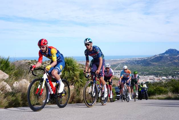 Belgian Steff Cras (c) pictured in action during stage 4 of the 2026 Volta Comunitat Valenciana, Tour of Valencia cycling race, a race from La Nucia to Teulada Moraira (172,2 km), on Saturday 07 February 2026 in Spain. The race takes place from 4 to 8 February and runs through the three provinces of the Valencian Community. JOMAxGARCIA  x161736227x