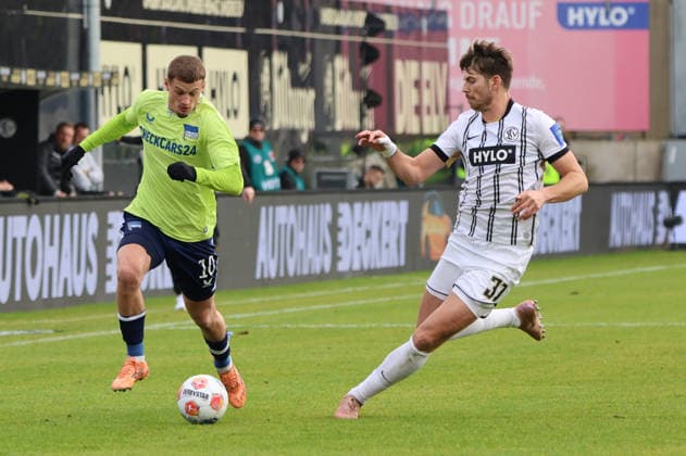 07 02 2025, Football, Men, 2 Bundesliga, Season 2025 2026, SV 07 Elversberg Hertha BSC Berlin, Maximilian Rohr SV 07 Elversberg , Michael Cuisance Hertha BSC Berlin Elversberg Ursapharm Arena an der Kaiserlinde Saarland Germany DEU Copyright: xFabianxKleerx