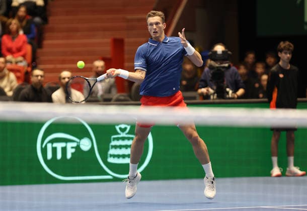 Czech Jiri Lehecka in action during the qualification duel of tennis Davis Cup: Czechia vs Sweden in Jihlava, Czech Republic, February 7, 2026. (CTKxPhoto LiborxPlihal) CTKPhotoP2026020703300  CTKPhotoP2026020703300