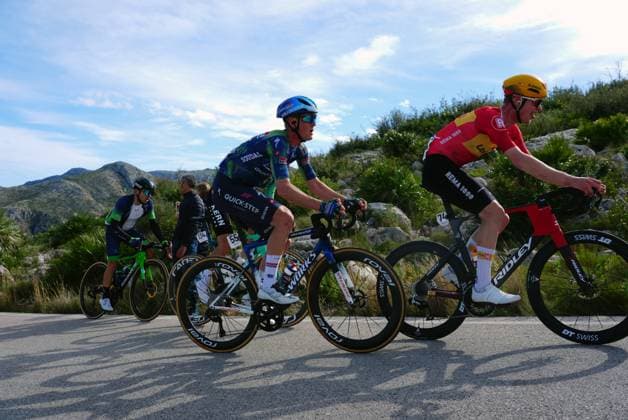 Belgian Dries Van Gestel of Soudal Quick-Step, Danish William Blume Levy of Uno& 8209 and X Mobility pictured in action during stage 4 of the 2026 Volta Comunitat Valenciana, Tour of Valencia cycling race, a race from La Nucia to Teulada Moraira (172,2 km), on Saturday 07 February 2026 in Spain. The race takes place from 4 to 8 February and runs through the three provinces of the Valencian Community. JOMAxGARCIA  x161738836x