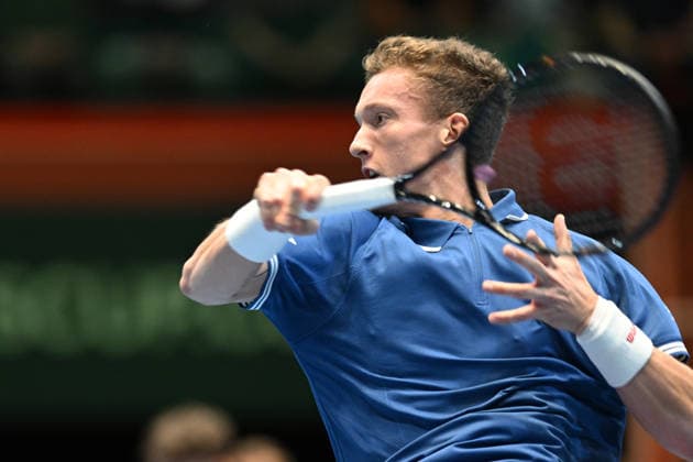 February 7, 2026, Jihlava, Czech Republic: JIRI LEHECKA of Czech Republic in action during the 2026 Davis Cup Qualifiers between the Czech Republic and Sweden in Jihlava, Czech Republic. Jihlava Czech Republic - ZUMAr156 20260207_aap_r156_008 Copyright: xSlavekxRutax