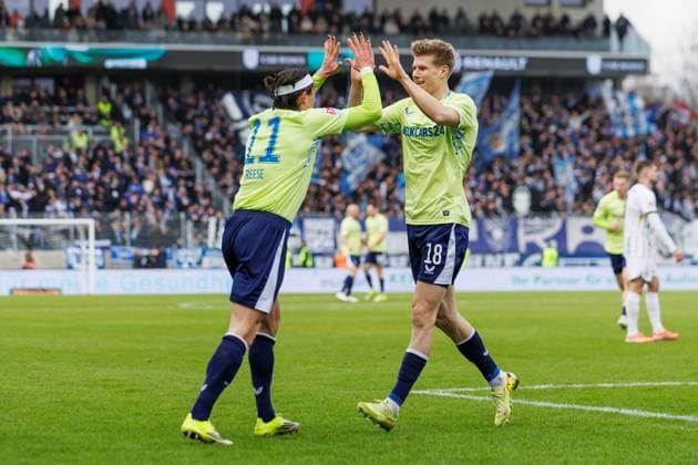 Luca Schuler Hertha BSC Berlin celebrates the goal to 0 2 with Fabian Reese Hertha BSC Berlin , SV Elversberg vs Hertha BSC Berlin, Football, 2 Bundesliga, 21 Matchday, Saison 2025 2026, 07 02 2026 DFB regulations prohibit any use of photographs as image sequences and or quasi video SV Elversberg vs Hertha BSC Berlin, Football, 2 Bundesliga, 21 Matchday, Saison 2025 2026, 07 02 2026 Copyright: xEibner-Pressefoto AlexanderxNeisx EP_ANS
