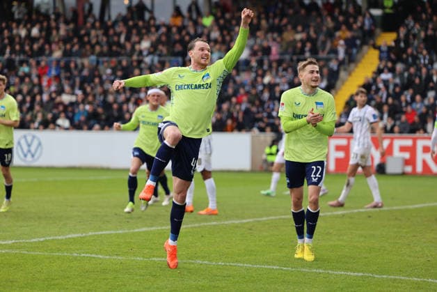 07 02 2025, Soccer, Men, 2 Bundesliga, Season 2025 2026, SV 07 Elversberg Hertha BSC Berlin, Goalscorer Pascal Klemens Hertha BSC Berlin Elversberg Ursapharm Arena an der Kaiserlinde Saarland Germany DEU Copyright: xFabianxKleerx