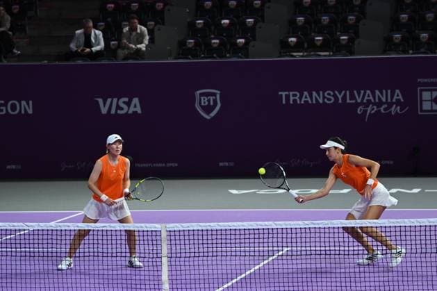 Saisai Zheng and Xinyu Wang of China play against Sara Sorribes Tormo of Spain and Kamilla Rakhimova of Uzbekistan during the Transylvania Open 2026 double final, a WTA250 Tournament, at BT Arena, in Cluj-Napoca, Romania, February 07, 2025. Transylvania Open 2026 - WTA, Tennis Damen 250 Tournament - Double FinalCluj Napoca Romania  Copyright: xAlexxNicodim Shutterstockx 16526889bp