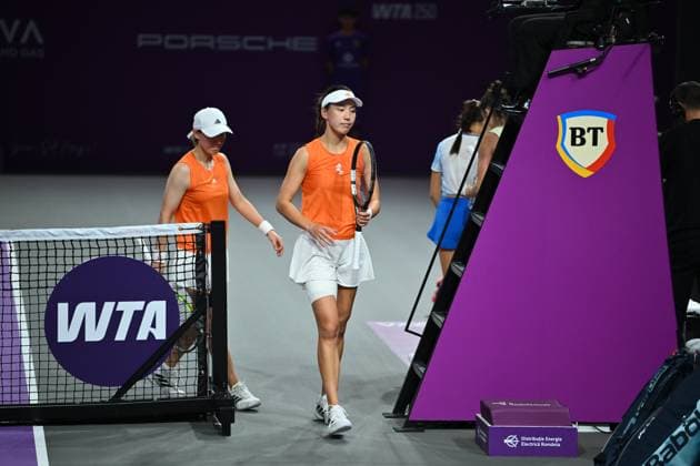 Saisai Zheng and Xinyu Wang of China play against Sara Sorribes Tormo of Spain and Kamilla Rakhimova of Uzbekistan during the Transylvania Open 2026 double final, a WTA250 Tournament, at BT Arena, in Cluj-Napoca, Romania, February 07, 2025. Transylvania Open 2026 - WTA, Tennis Damen 250 Tournament - Double FinalCluj Napoca Romania  Copyright: xAlexxNicodim Shutterstockx 16526889bm