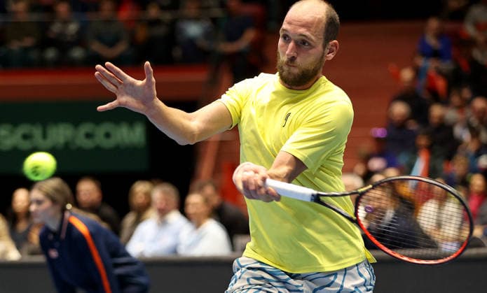 Dragos Nicolae Madaras of Sweden in action during the qualification duel of tennis Davis Cup: Czechia vs Sweden in Jihlava, Czech Republic, February 7, 2026. (CTKxPhoto LiborxPlihal) CTKPhotoP2026020703791  CTKPhotoP2026020703791