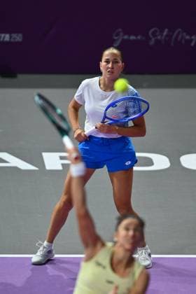 Sara Sorribes Tormo of Spain and Kamilla Rakhimova of Uzbekistan play against Saisai Zheng and Xinyu Wang of China during the Transylvania Open 2026 double final, a WTA250 Tournament, at BT Arena, in Cluj-Napoca, Romania, February 07, 2025. Transylvania Open 2026 - WTA, Tennis Damen 250 Tournament - Double FinalCluj Napoca Romania  Copyright: xAlexxNicodim Shutterstockx 16526889cl