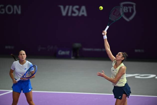 Sara Sorribes Tormo of Spain and Kamilla Rakhimova of Uzbekistan play against Saisai Zheng and Xinyu Wang of China during the Transylvania Open 2026 double final, a WTA250 Tournament, at BT Arena, in Cluj-Napoca, Romania, February 07, 2025. Transylvania Open 2026 - WTA, Tennis Damen 250 Tournament - Double FinalCluj Napoca Romania  Copyright: xAlexxNicodim Shutterstockx 16526889cp