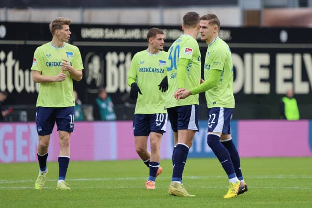 07 02 2025, Football, Men, 2 Bundesliga, Season 2025 2026, SV 07 Elversberg Hertha BSC Berlin, Marten Winkler Hertha BSC Berlin , Paul Seguin Hertha BSC Berlin , Michael Cuisance Hertha BSC Berlin , Luca Schuler Hertha BSC Berlin Elversberg Ursapharm Arena an der Kaiserlinde Saarland Germany DEU Copyright: xFabianxKleerx