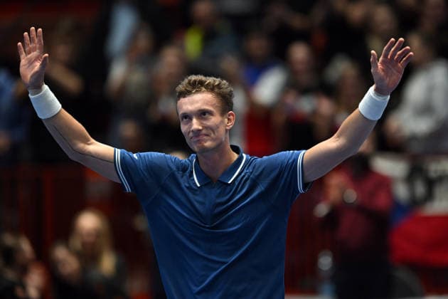 February 7, 2026, Jihlava, Czech Republic: JIRI LEHECKA of Czech Republic celebrate after winnig game during the 2026 Davis Cup Qualifiers between the Czech Republic and Sweden in Jihlava, Czech Republic. Jiri Lehecka won 6:3 and 6:4. Jihlava Czech Republic - ZUMAr156 20260207_aap_r156_015 Copyright: xSlavekxRutax