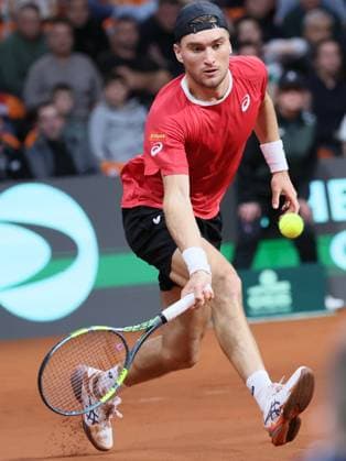 Belgian Raphael Collignon pictured in action during a tennis match against Bulgarian Vasilev, during the qualifier of the Davis Cup on Saturday 07 February 2026, in Plovdiv, Bulgaria. Belgium will compete this weekend in the Davis Cup qualifiers against Bulgaria. BENOITxDOPPAGNE  x161748113x