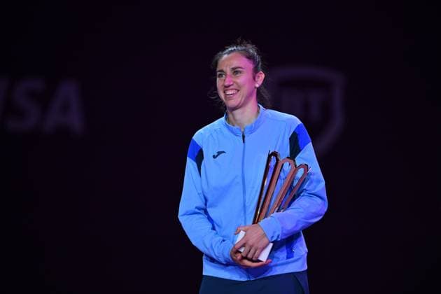 Sara Sorribes Tormo of Spain poses with the trophy after the Transylvania Open 2026 double final, a WTA250 Tournament, at BT Arena, in Cluj-Napoca, Romania, February 07, 2025. Transylvania Open 2026 - WTA, Tennis Damen 250 Tournament - Double FinalCluj Napoca Romania  Copyright: xAlexxNicodim Shutterstockx 16526889dd