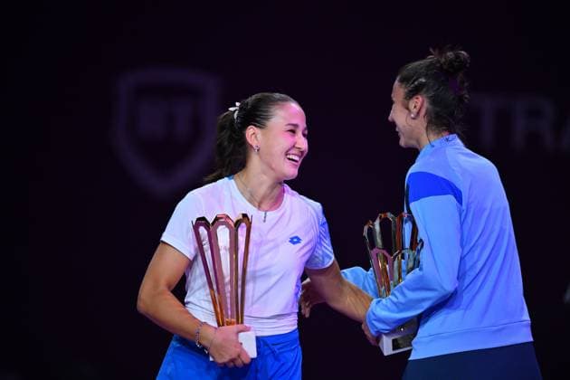 Sara Sorribes Tormo of Spain and and Kamilla Rakhimova of Uzbekistan pose with the trophy after the Transylvania Open 2026 double final, a WTA250 Tournament, at BT Arena, in Cluj-Napoca, Romania, February 07, 2025. Transylvania Open 2026 - WTA, Tennis Damen 250 Tournament - Double FinalCluj Napoca Romania  Copyright: xAlexxNicodim Shutterstockx 16526889dm