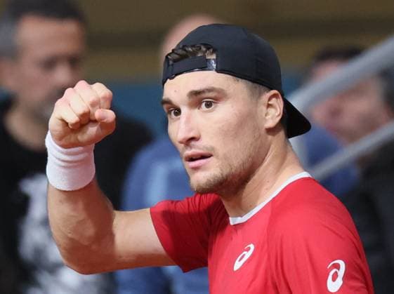 Belgian Raphael Collignon celebrates during a tennis match against Bulgarian Vasilev, during the qualifier of the Davis Cup on Saturday 07 February 2026, in Plovdiv, Bulgaria. Belgium will compete this weekend in the Davis Cup qualifiers against Bulgaria. BENOITxDOPPAGNE  x161754662x