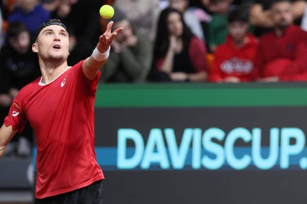 Belgian Raphael Collignon pictured in action during a tennis match against Bulgarian Vasilev, during the qualifier of the Davis Cup on Saturday 07 February 2026, in Plovdiv, Bulgaria. Belgium will compete this weekend in the Davis Cup qualifiers against Bulgaria. BENOITxDOPPAGNE  x161754766x