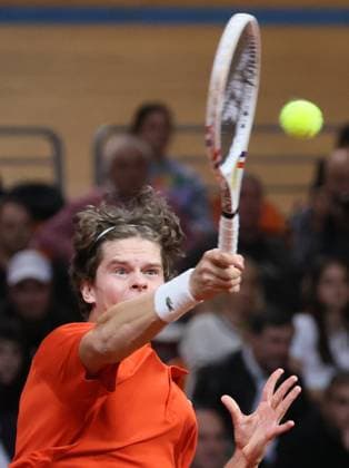 Belgian Alexander Blockx pictured in action during a tennis match against Bulgarian Radulov, during the qualifier of the Davis Cup on Saturday 07 February 2026, in Plovdiv, Bulgaria. Belgium will compete this weekend in the Davis Cup qualifiers against Bulgaria. BENOITxDOPPAGNE  x161757249x