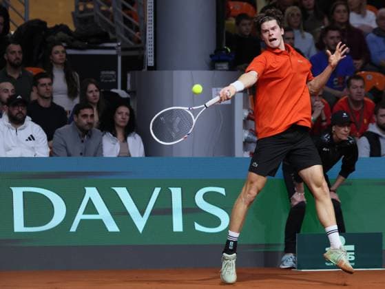 Belgian Alexander Blockx pictured in action during a tennis match against Bulgarian Radulov, during the qualifier of the Davis Cup on Saturday 07 February 2026, in Plovdiv, Bulgaria. Belgium will compete this weekend in the Davis Cup qualifiers against Bulgaria. BENOITxDOPPAGNE  x161762625x