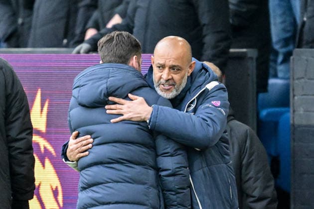 7th February 2026; Turf Moor, Burnley, Lancashire, England; Premier League Football, Burnley versus West Ham United; Manager of West Ham United Nuno Espirito Santo hugs Manager of Burnley Scott Parker before the match  LeexDurkin