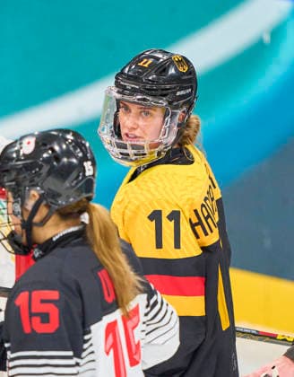 Nicola Hadraschek- Eisenschmid of Germany at the preliminary women Ice hockey, Eishockey match Group B Germany-Japan of the Milano Cortina 2026 Winter Olympic Games, Olympische Spiele, Olympia, OS at Milano Rho Ice Hockey Arena on February 7, 2026 in Milan, Italy.