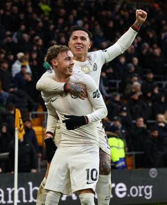 Cole Palmer of Chelsea celebrates scoring their sides third goal with team-mate Enzo Fernandez of Chelsea Wolverhampton Wanderers v Chelsea, Premier League, Football, Molineux, Wolverhampton, UK - 07 Feb 2026Wolverhampton Molineux United Kingdom EDITORIAL USE ONLY No use with unauthorised audio, video, data, fixture lists, club league logos or live services. Online in-match use limited to 120 images, no video emulation. No use in betting, games or single club league player publications. Copyright: xMichaelxZemanek Shutterstockx 16524375aa
