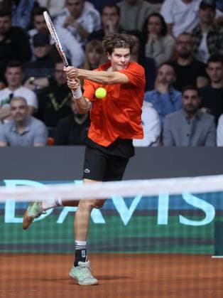 Belgian Alexander Blockx pictured in action during a tennis match against Bulgarian Radulov, during the qualifier of the Davis Cup on Saturday 07 February 2026, in Plovdiv, Bulgaria. Belgium will compete this weekend in the Davis Cup qualifiers against Bulgaria. BENOITxDOPPAGNE  x161769272x