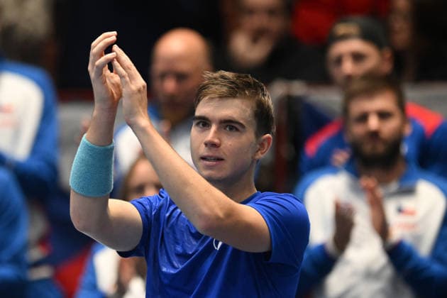 February 7, 2026, Jihlava, Czech Republic: DALIBOR SVRCINA of Czech Republic celebrate after winnig game during the 2026 Davis Cup Qualifiers between the Czech Republic and Sweden in Jihlava, Czech Republic. Dalibor Svrcina won 6:1 and 6:3. Jihlava Czech Republic - ZUMAr156 20260207_aap_r156_019 Copyright: xSlavekxRutax