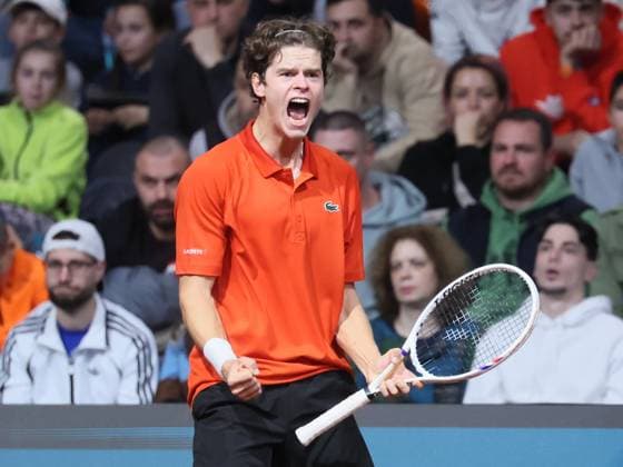 Belgian Alexander Blockx reacts during a tennis match against Bulgarian Radulov, during the qualifier of the Davis Cup on Saturday 07 February 2026, in Plovdiv, Bulgaria. Belgium will compete this weekend in the Davis Cup qualifiers against Bulgaria. BENOITxDOPPAGNE  x161770101x